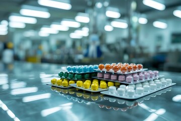 Packs of colorful pills stacked on a table in a pharmaceutical factory
