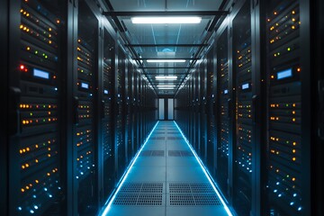 Server room with modern equipment and blue lights in a data center