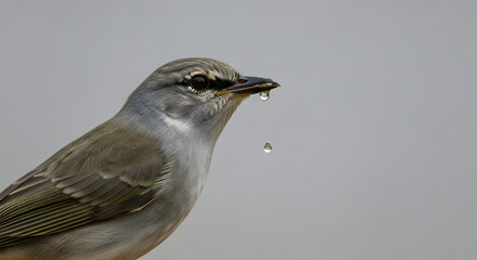 Close up of a small bird with gray and brown feathers drinking water with droplets falling from its beak