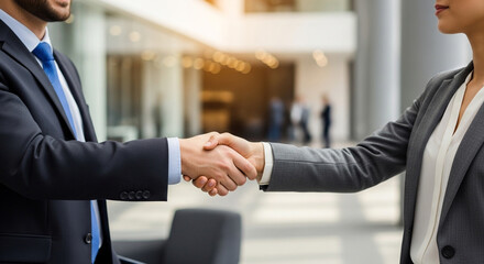 Successful business partners shake hands enthusiastically in a modern office lobby, celebrating a significant deal and professional collaboration.