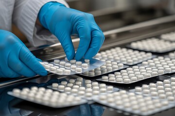 Pharmaceutical worker inspecting blister packs of pills on a production line