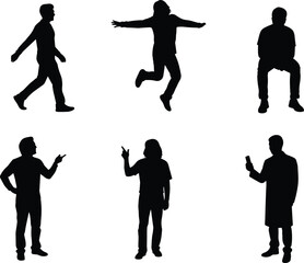 Man silhouette vector illustration, walking, jumping, sitting, and gesturing poses, modern people actions, casual lifestyle concept design
