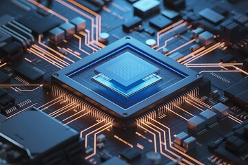Close up of a modern computer processor with intricate circuit patterns