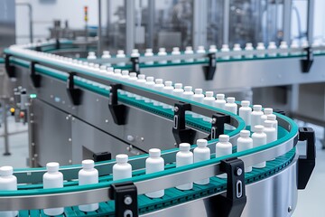 Automated conveyor belt carrying white plastic bottles in a manufacturing plant