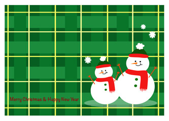 Christmas card: Cute snowman on  the green scot background 