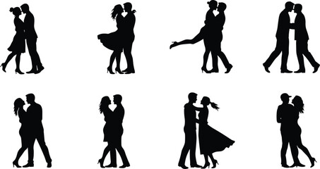 Romantic couple silhouette vector illustration, man and woman kissing poses, love relationship moments, affectionate embrace art, passion concept design