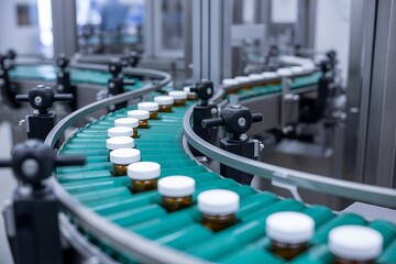 Pharmaceutical production line with bottles moving along a conveyor belt