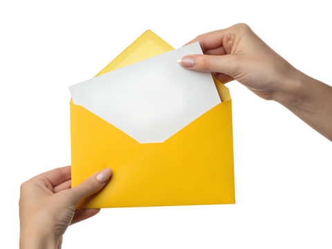 Hands insert a blank white card into an open yellow envelope. This image is transparent, png, and isolated for easy use.