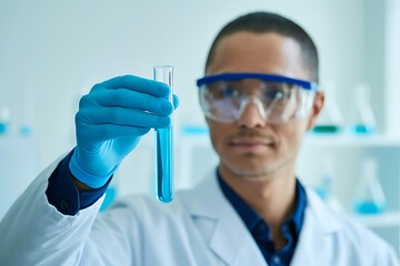 Scientist in lab coat holding test tube with blue liquid in laboratory