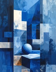 Abstract blue geometric composition with shapes and shadows, a sphere on a plinth