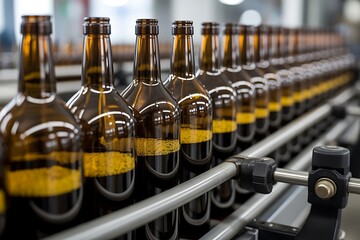 Bottles on a conveyor belt in a brewery ready to be filled with beer
