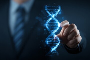 Businessman in Suit Holding Digital DNA Helix Symbol With Blue Bokeh Background in Concept of Genetics, Biotechnology, and Medical Innovation