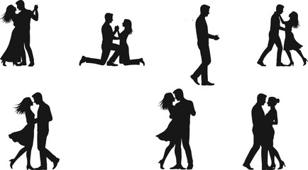 Romantic couple silhouette vector illustration, love and relationship poses, dancing, kissing and proposal moments, emotional art for Valentine concept