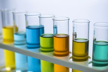 Test tubes with colorful liquids in a laboratory isolated on white background