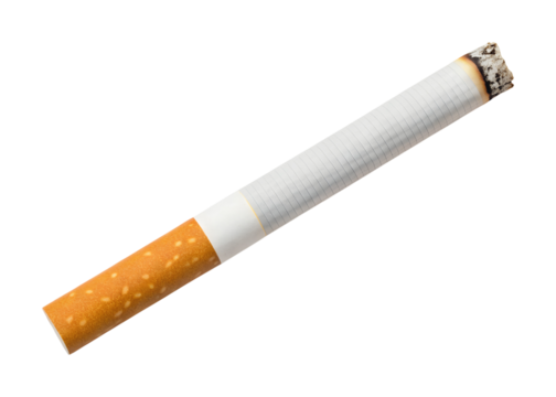 A filtered cigarette with a smoldering tip and glowing ash is fully isolated on a transparent png background.