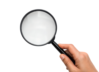 A hand firmly holds a clear magnifying glass with a black handle, poised to examine objects closely. Transparent png, isolated.