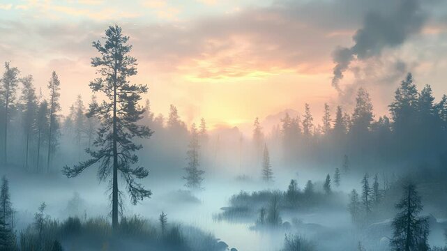 Misty Forest Landscape at Sunrise with Silhouetted Pine Trees and Golden Sky, Ethereal and Atmospheric Nature Scene
