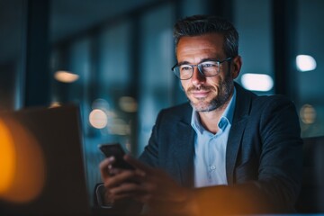 Professional Businessman Engaging with Digital Marketing Technologies in Modern Office Setting