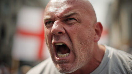 An image of an angry and enraged middle-aged white man, British or English, he is shouting loudly with his mouth open at a protest or demonstration. Wide landscape 16:9