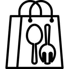 Black outline icon of a paper shopping bag with a spoon and fork symbol inside on a transparent background representing food delivery or take-out service