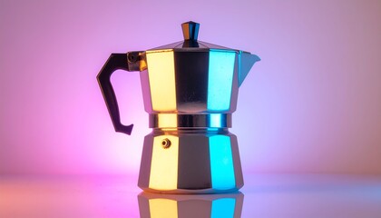 Iconic Moka Pot with Striking Duotone Reflections in Yellow and Cyan Light