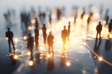 Silhouettes of Business People Connecting on Global Network with Illuminated Locations and Map Background