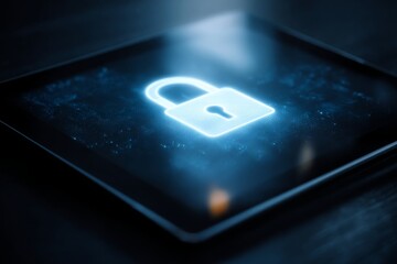 Digital Security Concept with Lock Icon on Tablet Screen Representing Data Protection and Cybersecurity Awareness