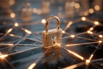 Digital Lock Symbolizing Cybersecurity and Data Protection on a High-Tech Network Background with Glowing Lines and Connections