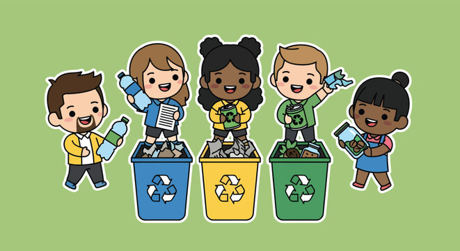 Diverse group of cartoon children sorting recyclable materials into colorcoded bins, promoting environmental awareness and sustainability with cheerful expressions. - Powered by Adobe