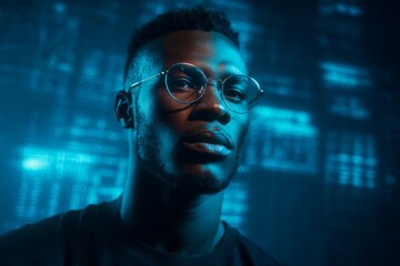 Confident Young Man with Glasses Posing Against a Dark Background Filled with Blue Digital Data Elements Illuminating the Scene