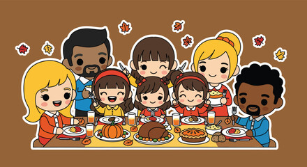 Diverse family enjoying thanksgiving dinner together at a festive table in a cozy home, creating a warm and joyful atmosphere with autumn leaves falling.