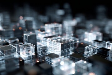 Futuristic digital network with interconnected blocks representing data, technology, and communication concepts for modern innovation
