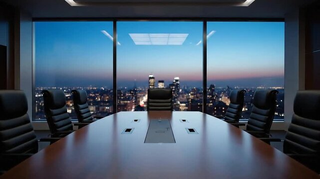 Conference Room Interior With Polished Table Black Leather Chairs And Glass Window Overlooking City At Night With Blue And Orange Sky