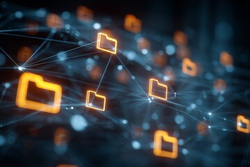 Abstract digital network with glowing folder icons representing data storage and sharing over interconnected connections in technology background