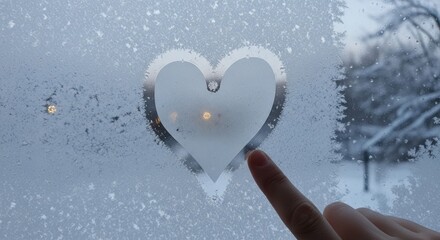 Finger Tracing a Heart on Frosted Window, Winter Scene Outside, Love Symbol