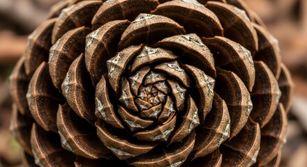 A detailed top-down view of a brown pinecone showcasing nature's perfect geometric spiral pattern