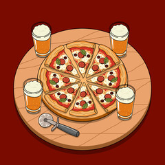 A delicious pepperoni pizza cut with a classic pizza cutter, served with four fresh beers on a wooden tray. Perfect for celebrating International Beer and Pizza Day on October 9th.