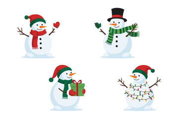 Four cheerful snowmen wearing festive winter hats and scarves enjoying the holiday season.