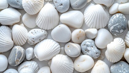 Assortment of White Seashells and Smooth River Stones in Harmonious Arrangement