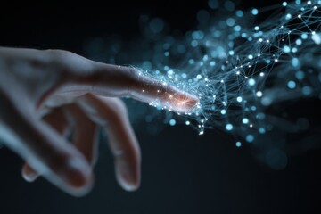Hand Touching Digital Interface with Bright Data Points Representing Innovation and Connectivity in Modern Technology Environment