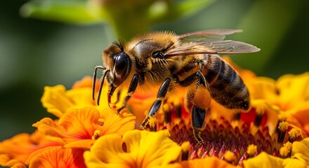 Honeybee Landing on a Vibrant Zinnia Flower Pollination in Action