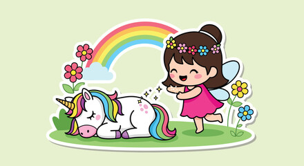 Fototapeta premium Happy fairy brushes sleeping unicorn under rainbow in whimsical garden scene, creating a magical and enchanting atmosphere.