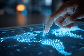 Digital interface with world map, laptop, and hand interacting with holographic display showcasing modern technology and data visualization
