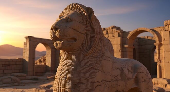Ancient Lion Statue at Palmyra Ruins Against Warm Sunset Sky