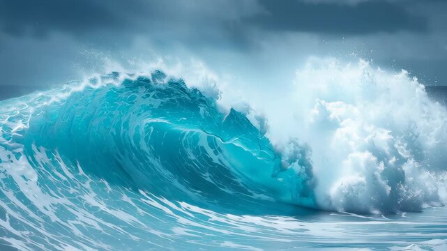 A vivid depiction of crashing ocean waves under a dramatic sky.