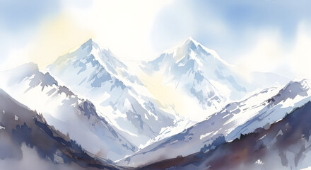 Obraz premium Watercolor painting of snowcapped mountains with a bright sky, creating a serene and majestic landscape with soft, blended colors and textures