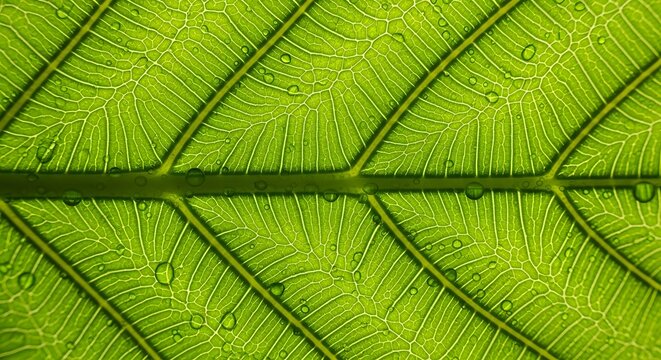 Detailed close-up of a lush green leaf surface with glistening dewdrops, highlighting organic textures and biological complexity, representing growth and natural vitality - Powered by Adobe