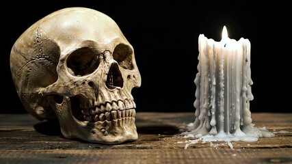 Eerie still life composition of a human skull and a dripping wax candle on a wooden surface - Powered by Adobe