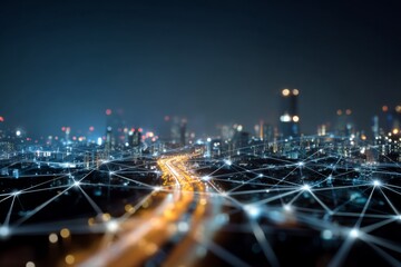 Modern Cityscape at Night with Digital Connectivity Lines and Urban Skyline Features for Technology and Network Concepts