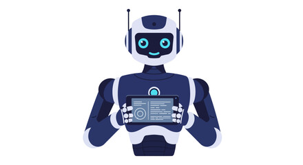 Friendly Robot Holding a Digital Tablet Displaying Data